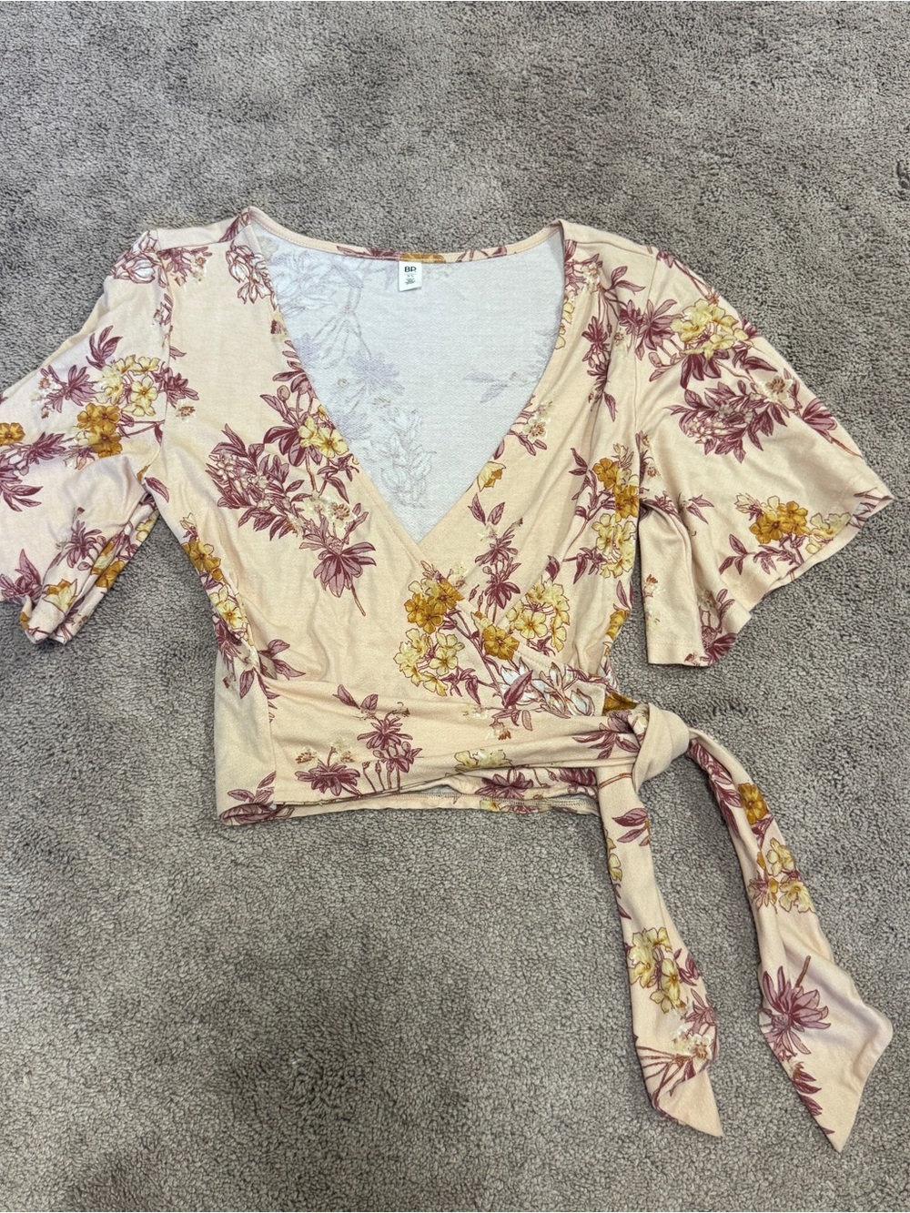 bp Cream Floral Wrap Crop Top with Pink & Yellow Blooms